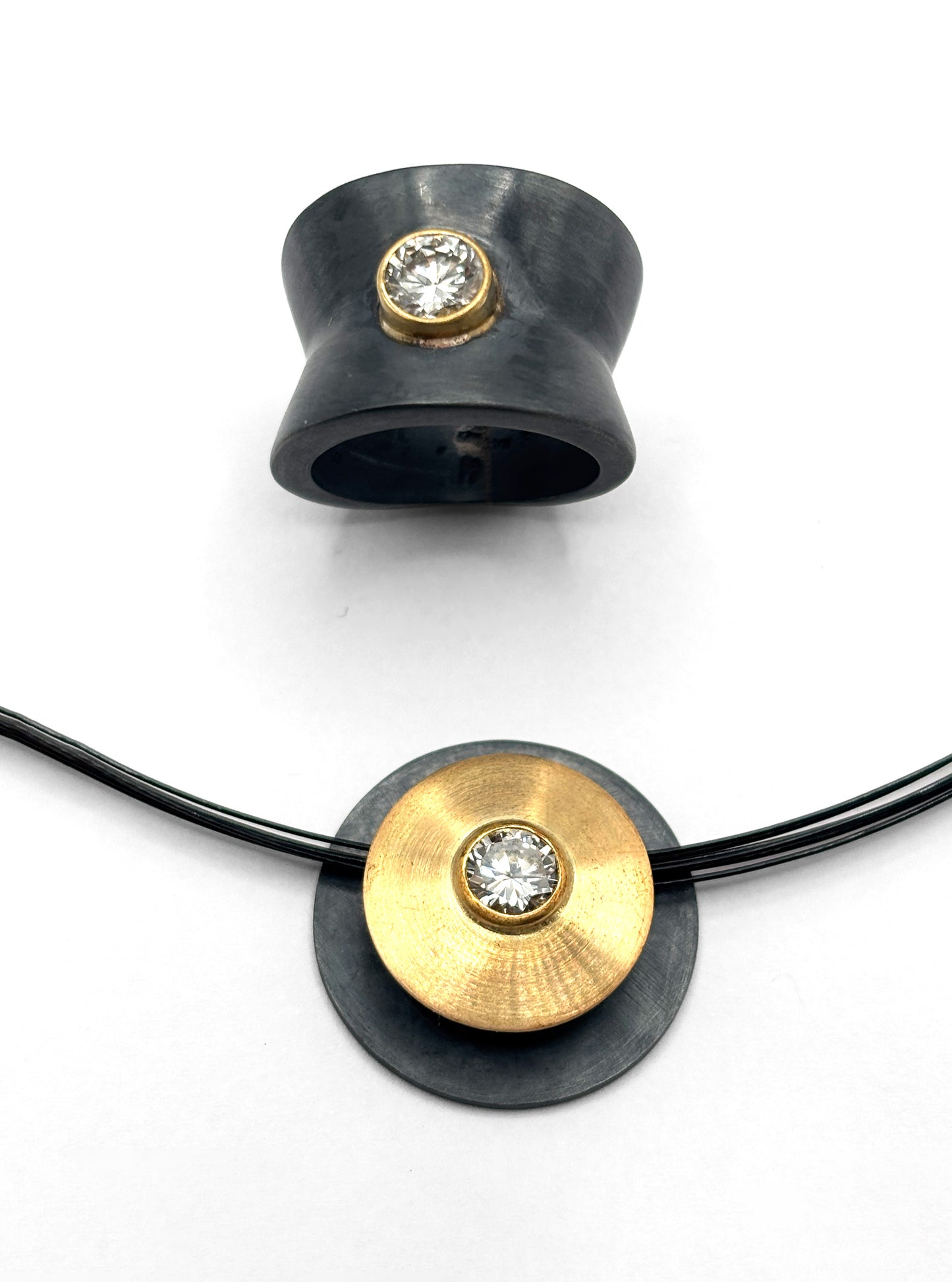 18K Gold & Darkened Sterling Silver Diamond Pendant with Matching Ring