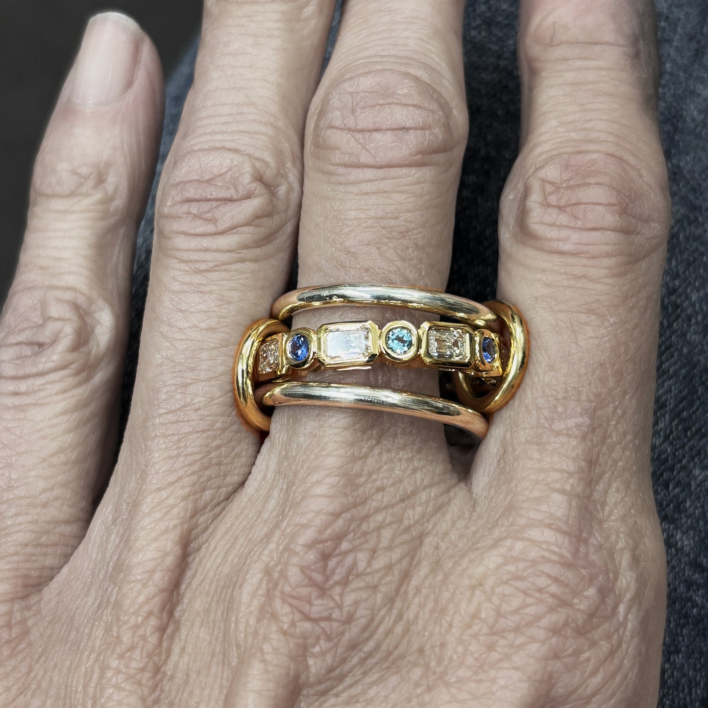 18kt & Sterling Silver Three-Stack Diamond & Sapphire Eternity Ring