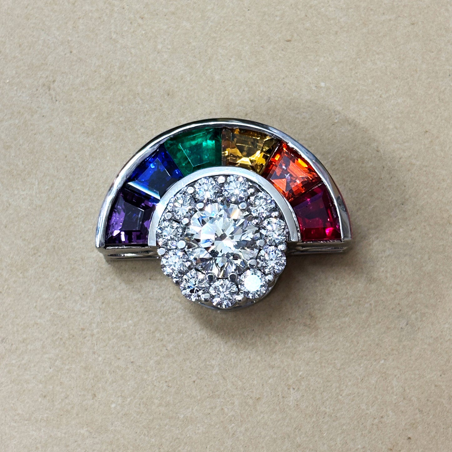 18K White Gold Rainbow Sapphire & Diamond Cluster Pendant Necklace