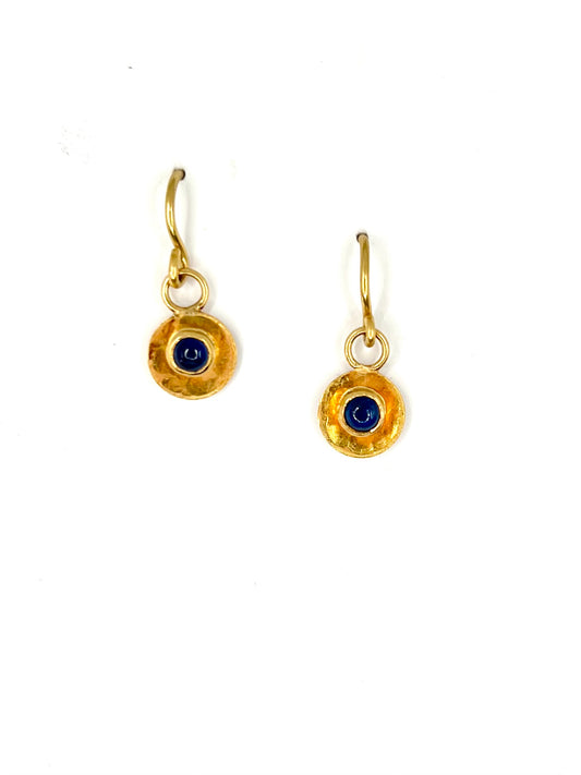 22k Gold Circle Earrings with Sapphires on Hooks