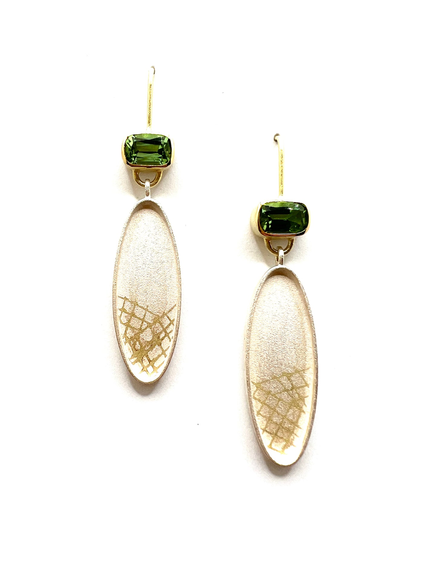 Golden Net Earrings, Sterling Silver, 18kt Gold, Green Tourmaline
