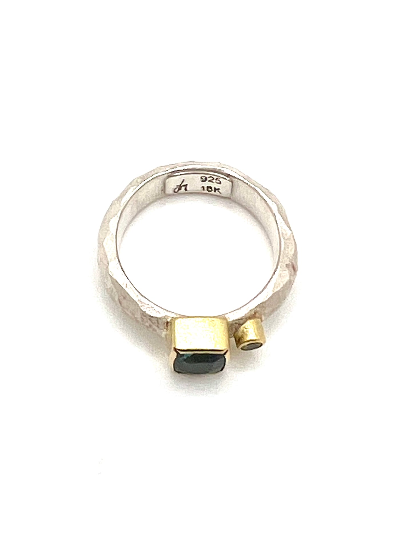 Faceted Ring, Sterling Silver. 18kt Gold, Green Tourmaline, Yellow Sapphire