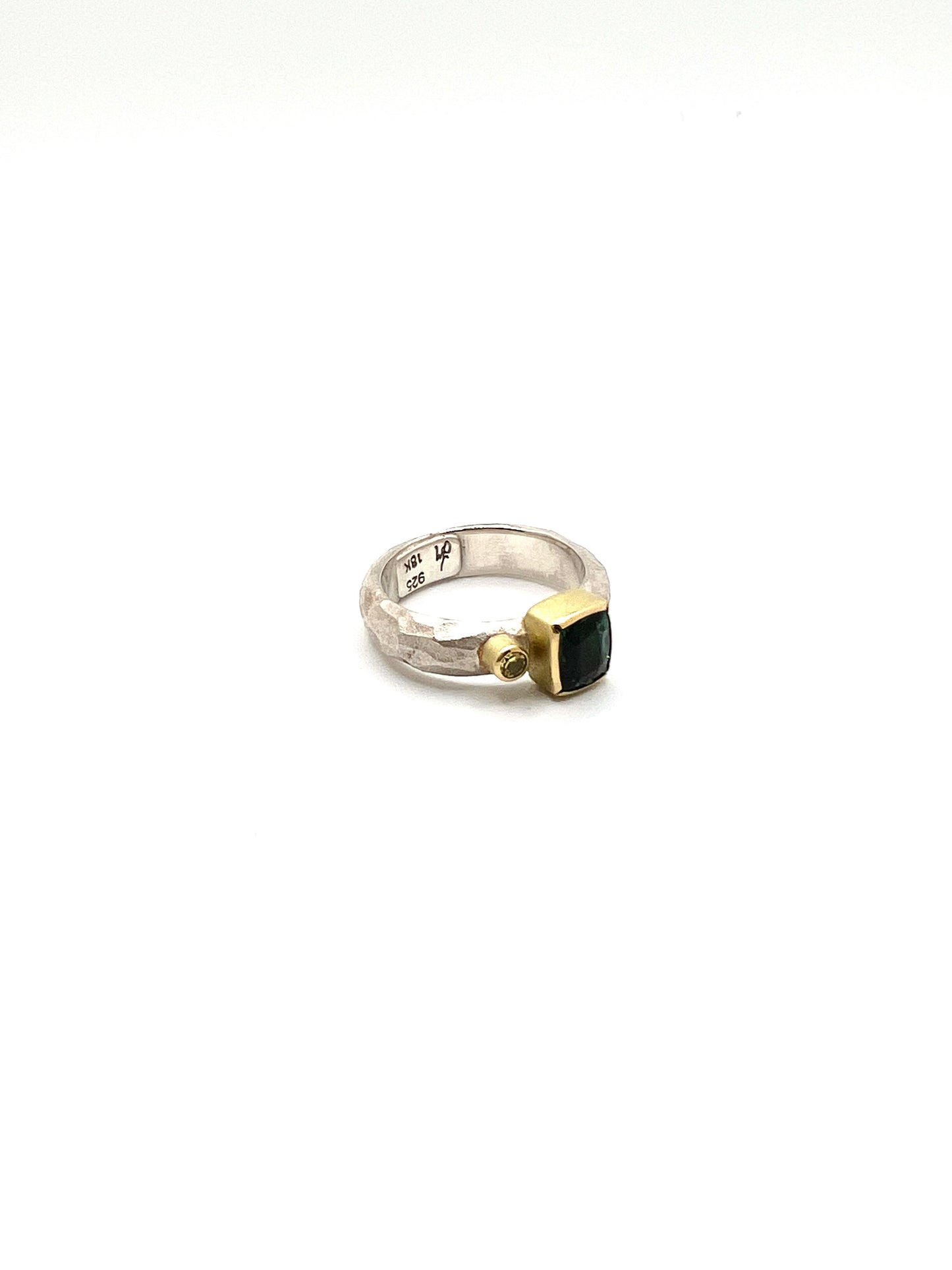 Faceted Ring, Sterling Silver. 18kt Gold, Green Tourmaline, Yellow Sapphire