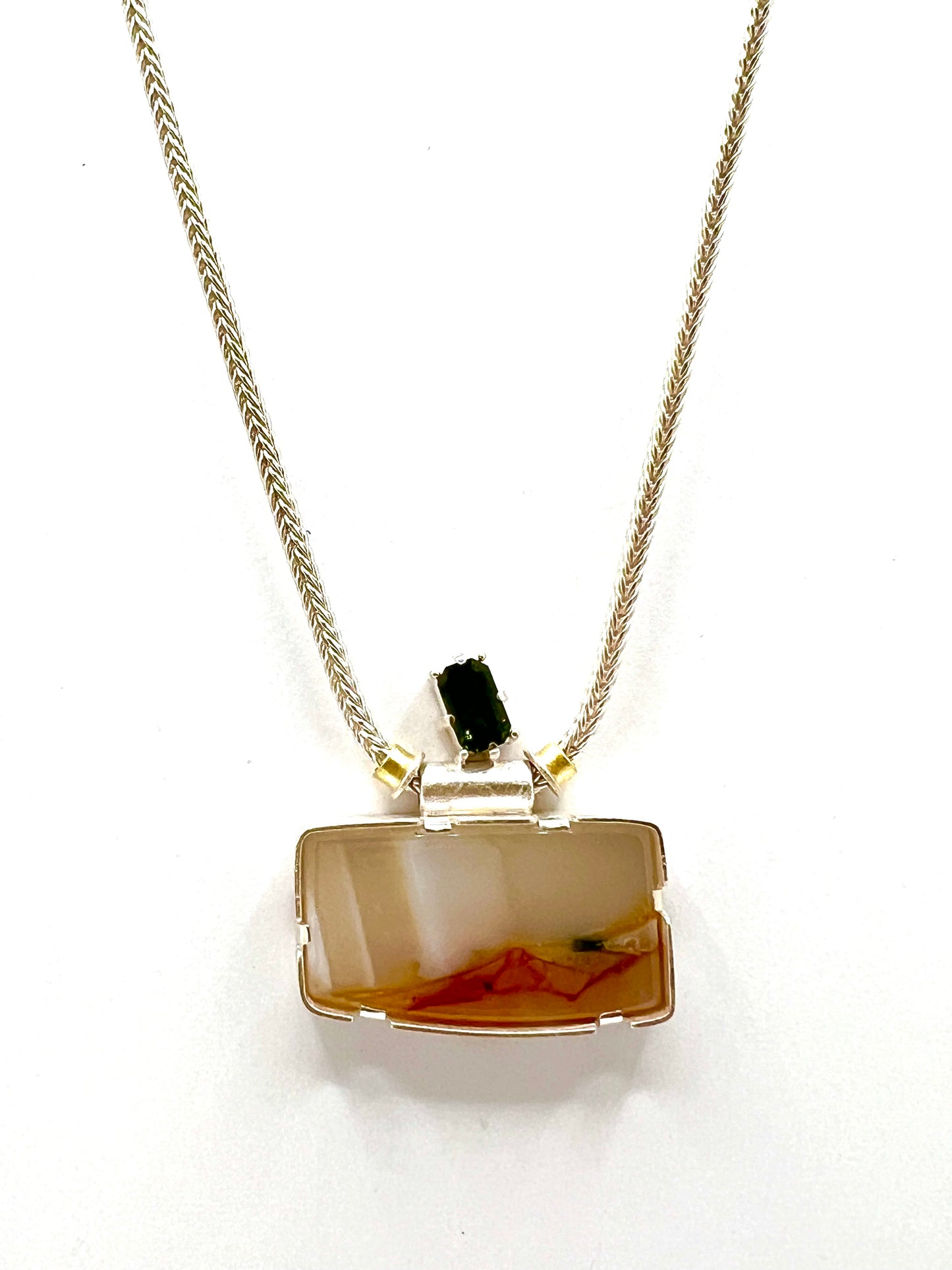 Green Dot Necklace, Sterling Silver, 18kt Gold, Moldavite, Horse Canyon Agate