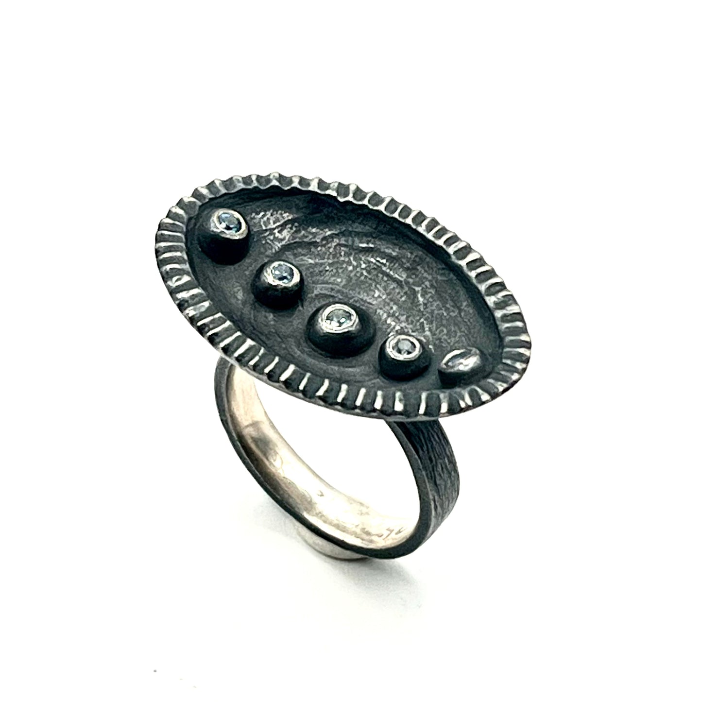 Oxidized Sterling Silver Boat Ring with Pale Sapphires, DA0272/2313, Dahlia Kanner