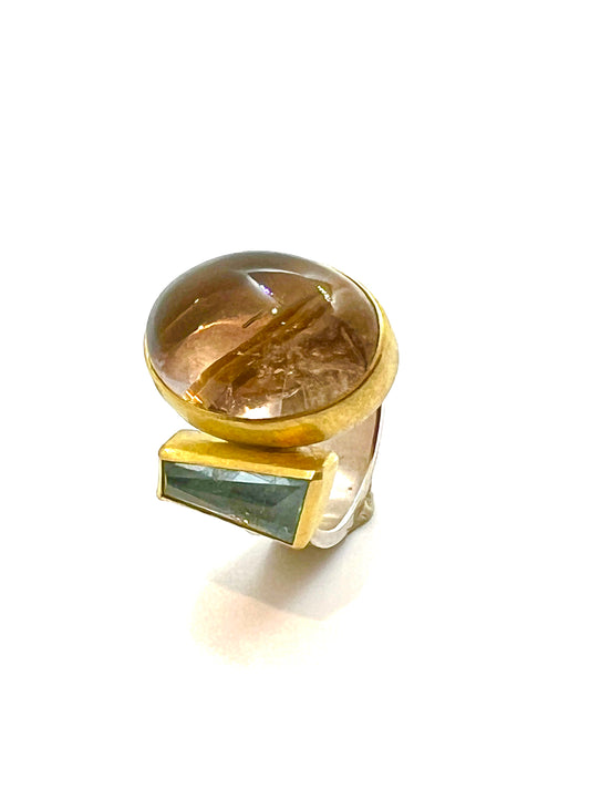 Rutilated Smokey Quartz, Aquamarine Ring 22kt Gold, Sterling Silver