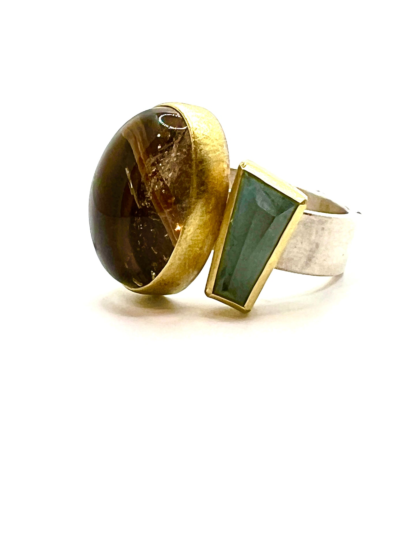 Rutilated Smokey Quartz, Aquamarine Ring 22kt Gold, Sterling Silver