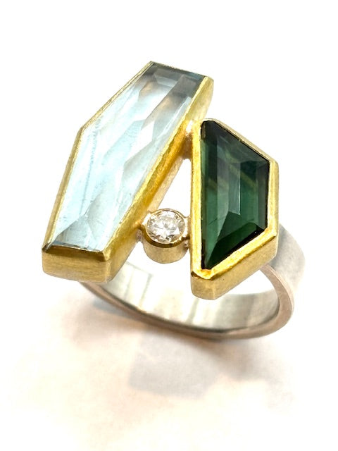 22kt/SS Geometric Aquamarine Tourmaline Diamond Ring