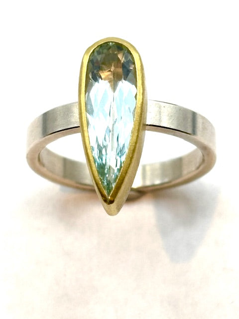 22kt/SS Aquamarine Long Drop Ring