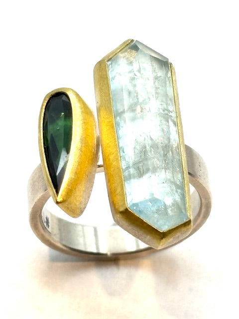 22kt/SS Aquamarine and Tourmaline Ring
