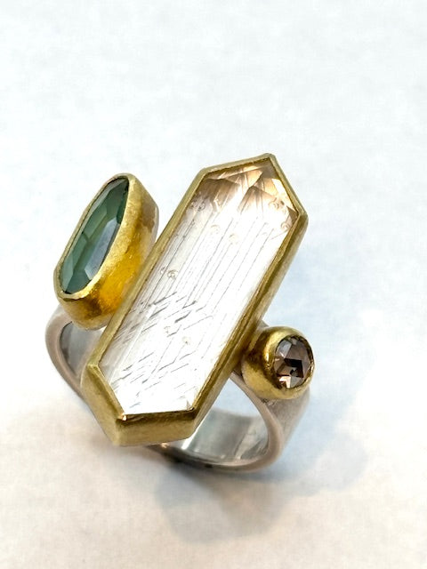 22kt/SS Quartz, Tourmaline and Diamond Engraved Ring