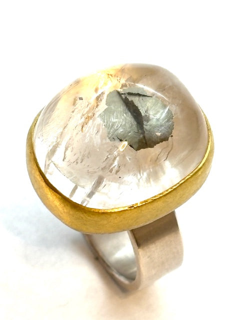 22kt/SS Pyrite inclusions in Quartz Oval Cabochon Ring