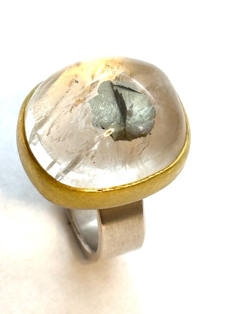 22kt/SS Pyrite inclusions in Quartz Oval Cabochon Ring