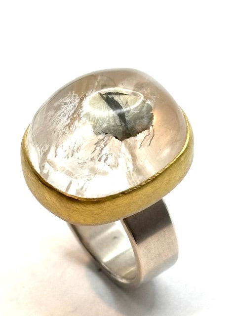 22kt/SS Pyrite inclusions in Quartz Oval Cabochon Ring