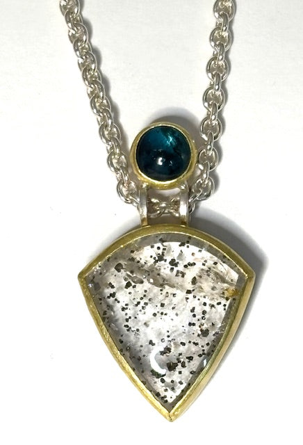 Pyrite Quartz and Blue Tourmaline Pendant 22k Gold/Sterling Silver 22k/SS