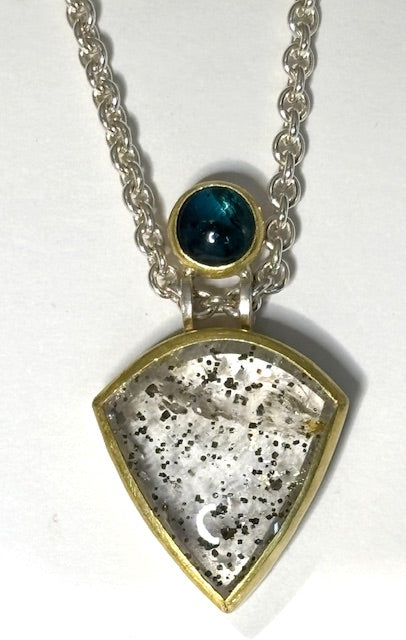 Pyrite Quartz and Blue Tourmaline Pendant 22k Gold/Sterling Silver 22k/SS