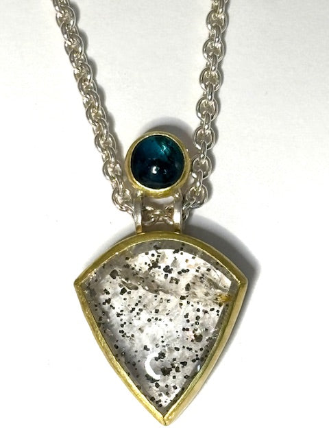Pyrite Quartz and Blue Tourmaline Pendant 22k Gold/Sterling Silver 22k/SS