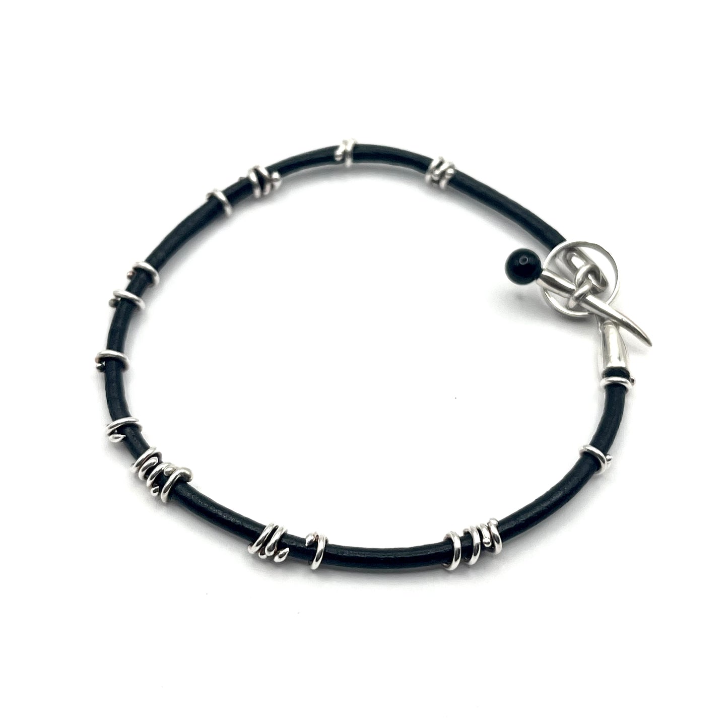 Argentium Silver Serpentine Beads & Leather Bracelet w/ Toggle Clasp Onyx Accent , RE13731, Reba Engel