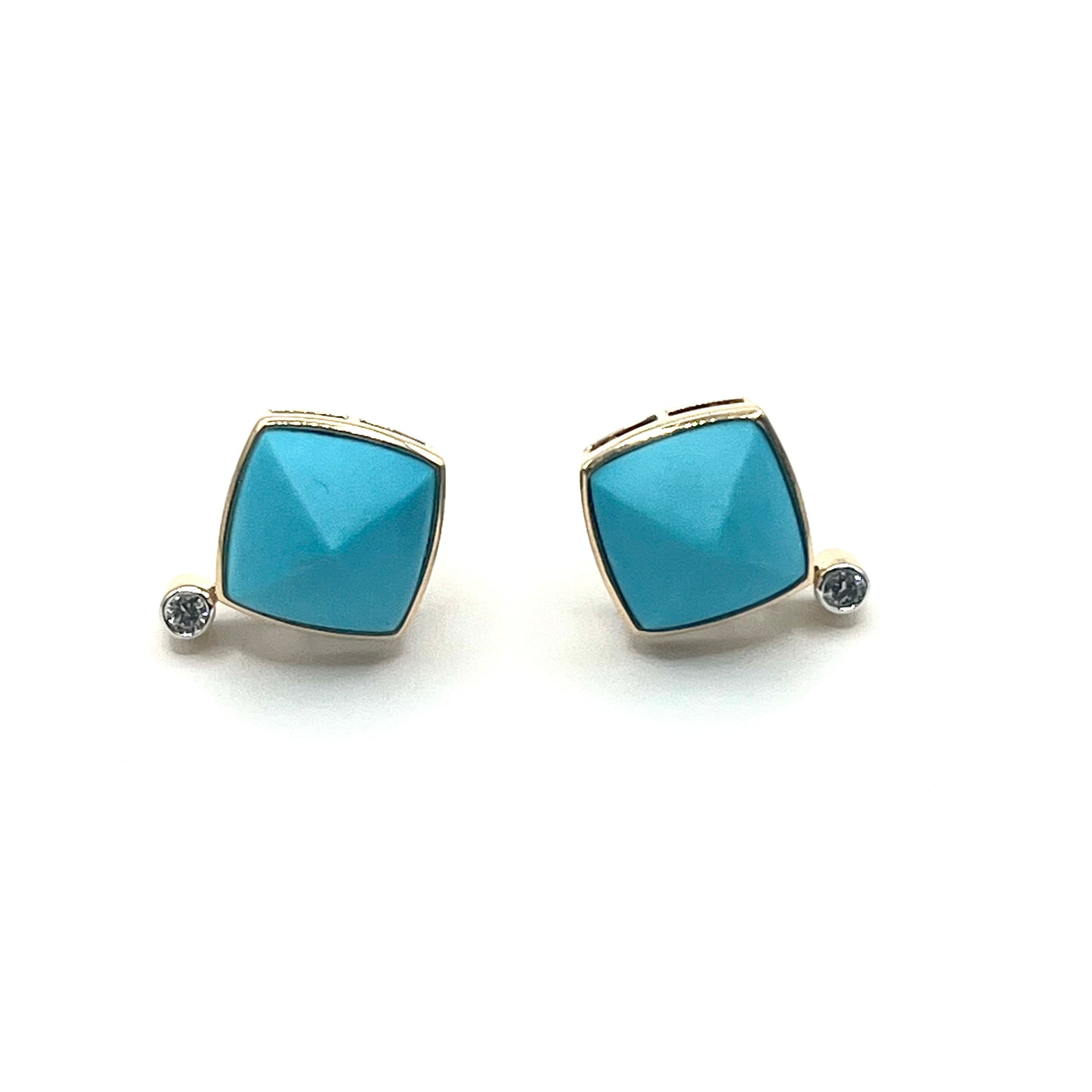 18KT Yellow Gold Sleeping Beauty Turquoise & White Diamond Stud Earrings, KS298, Kanwar Singh