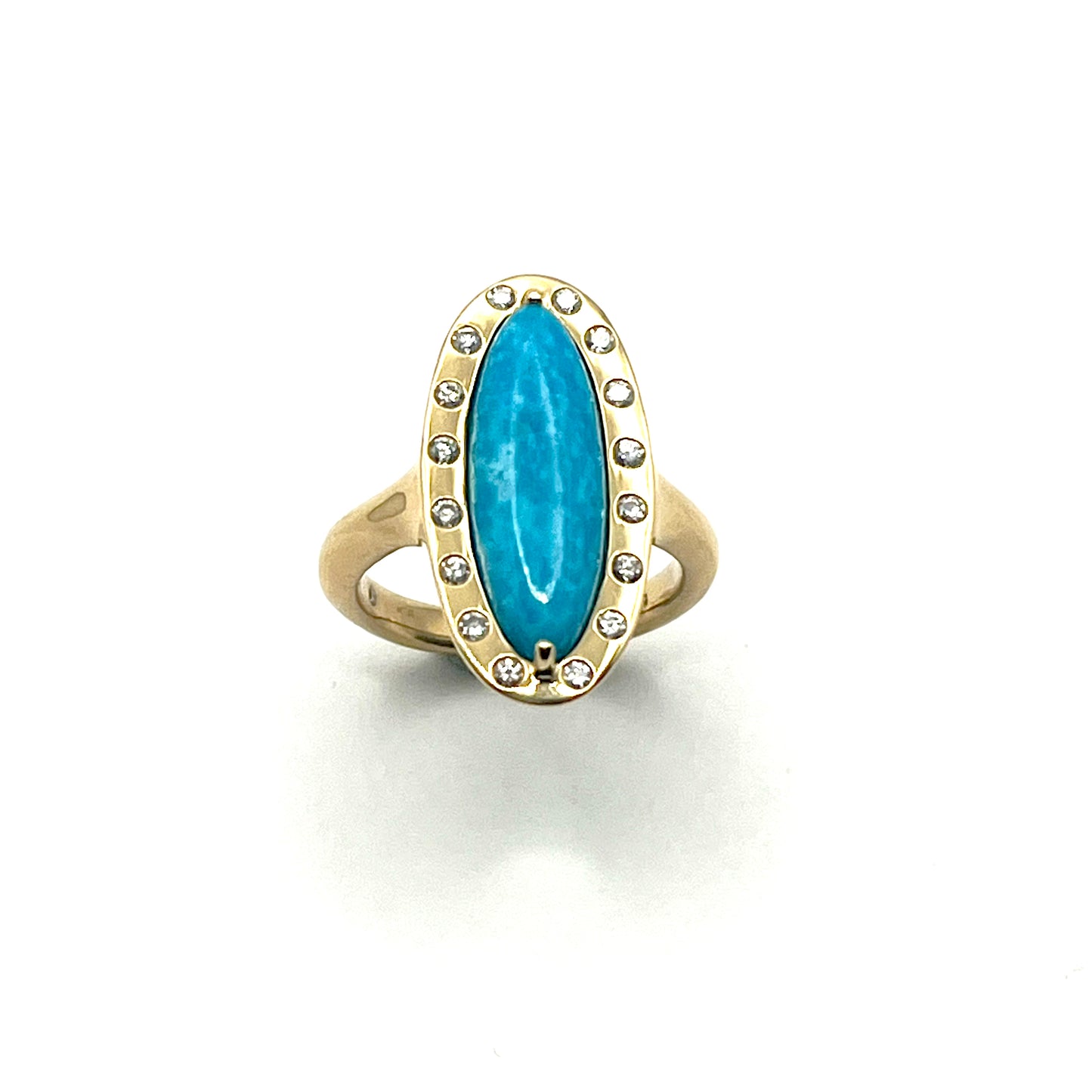 18KT Yellow Gold Arizona Turquoise Oblong Ring with White Diamond Bezel, KS290, Kanwar Singh