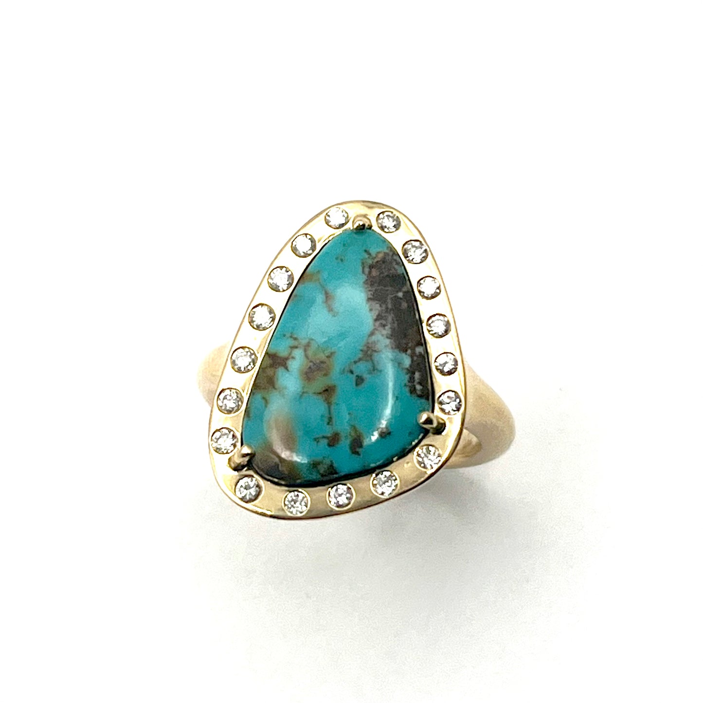 18KT Yellow Gold Triangular Arizona Turquoise & White Diamond Bezel Ring, KS289, Kanwar Singh