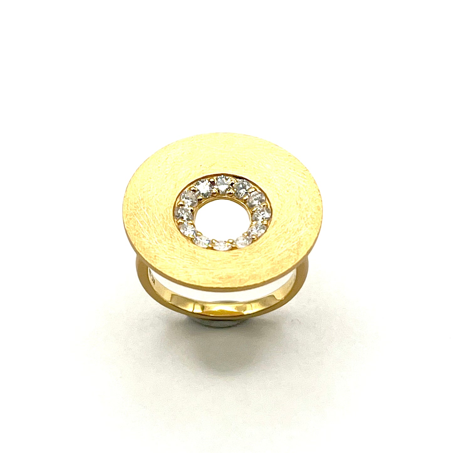 18KT Matte Yellow Gold Textured Disc Ring with Diamonds, KS294, Kanwar Singh