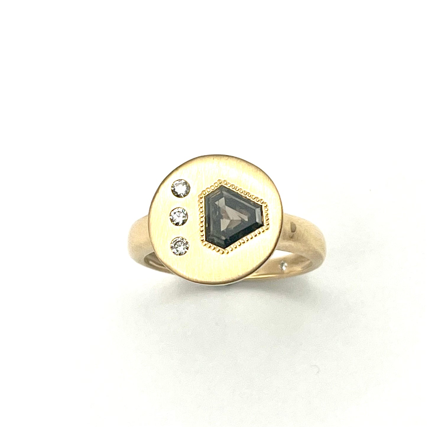 18KT Yellow Gold Champagne Diamond Ring with Matte Bezel and White Diamond Accents, KS291, Kanwar Singh