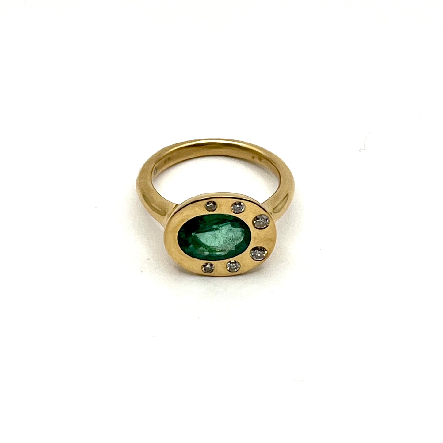 18KT Yellow Gold Emerald Bezel Ring with White Diamond Accents, KS292, Kanwar Singh