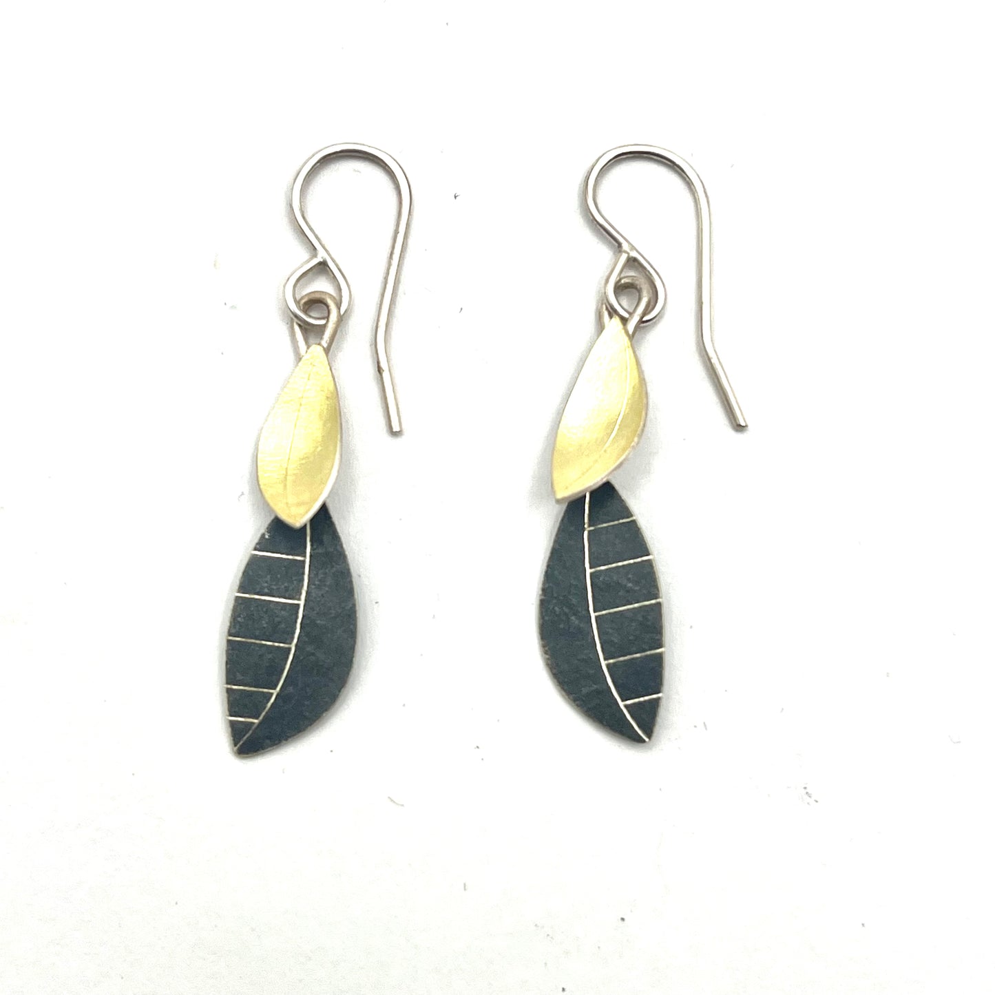 Oxidized Sterling Silver & 18kt Gold Textured Leaves Earrings, OM25-133, Owen Mclnerney