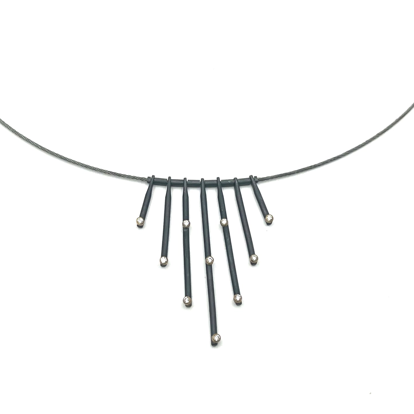 Oxidized Sterling Silver & 18kt Diamonds Necklace, 18'' Steel Cable, OM25-236, Owen Mclnerney