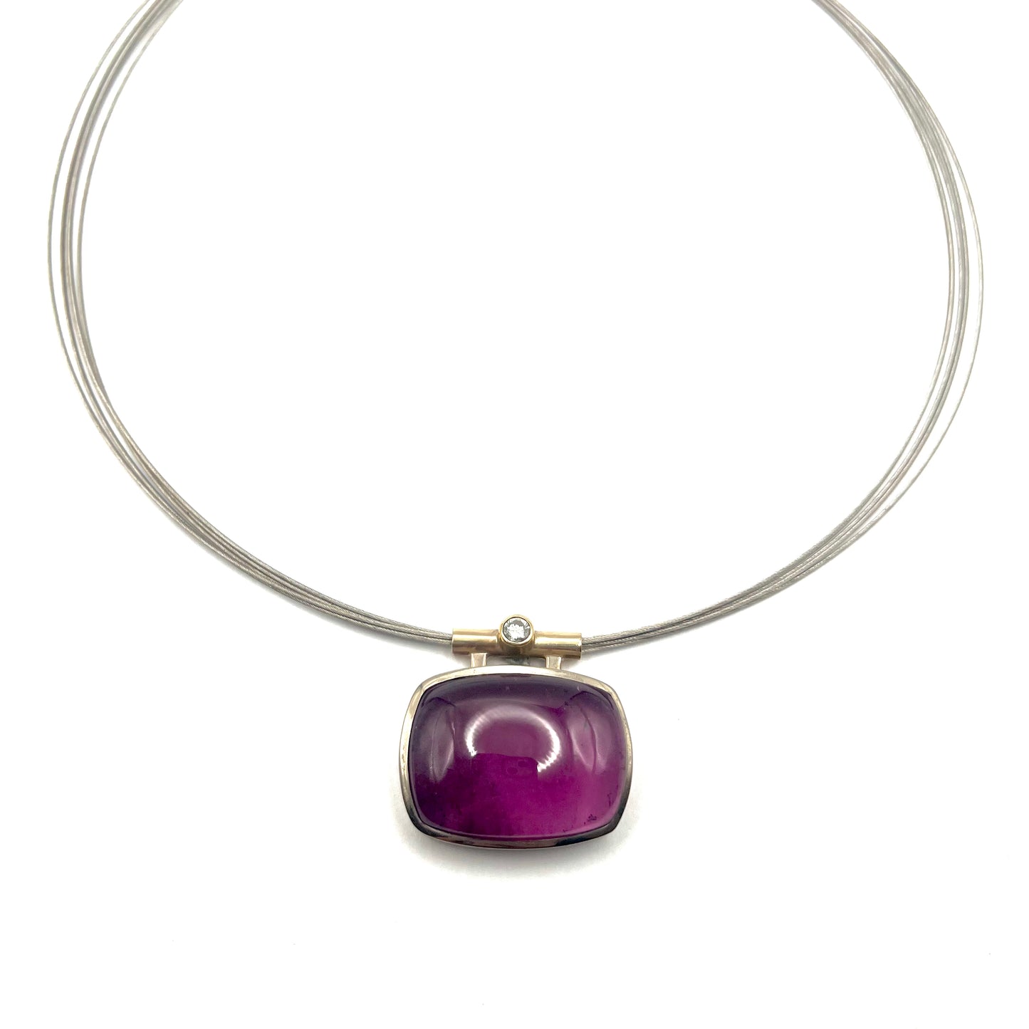 18kt Yellow & 14kt White Bezel Set Rubellite Tourmaline & Diamond Necklace Stainless Steel Collar Necklace, Taboo