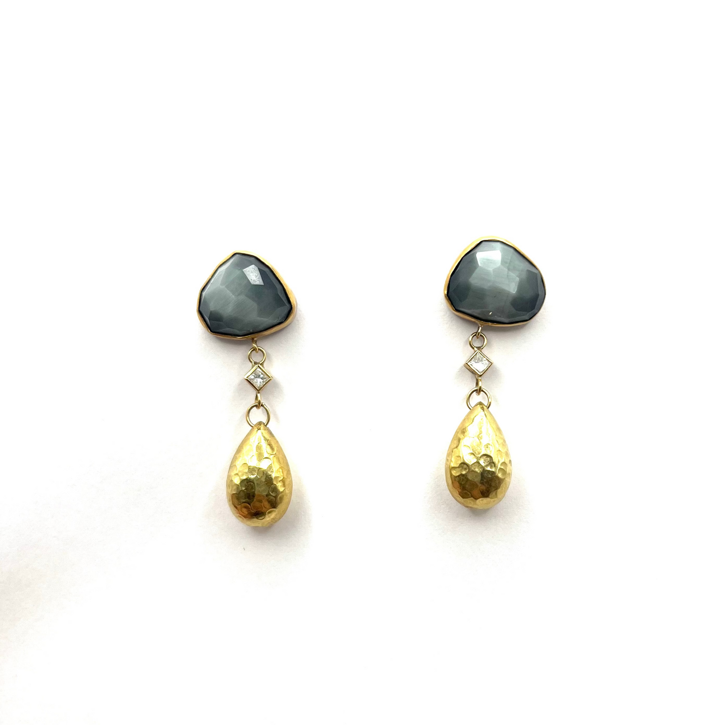 22k Yellow Gold & Sterling Silver Earrings with Grey Cat’s Eye Quartz and Diamond, JH0116, Julie Harris