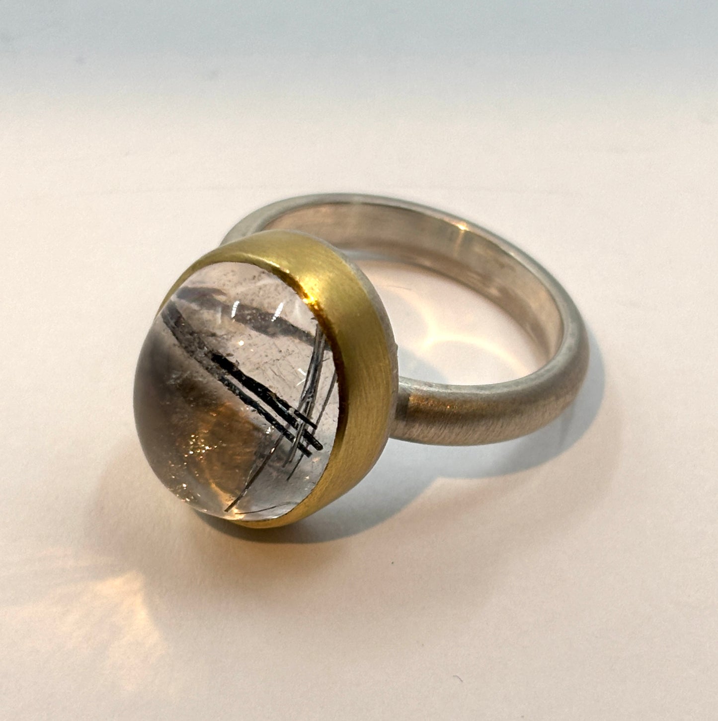 Oxidized Sterling Silver Ring with Vertical Oval Tourmalated Quartz, HG 2518, Heather Guidero