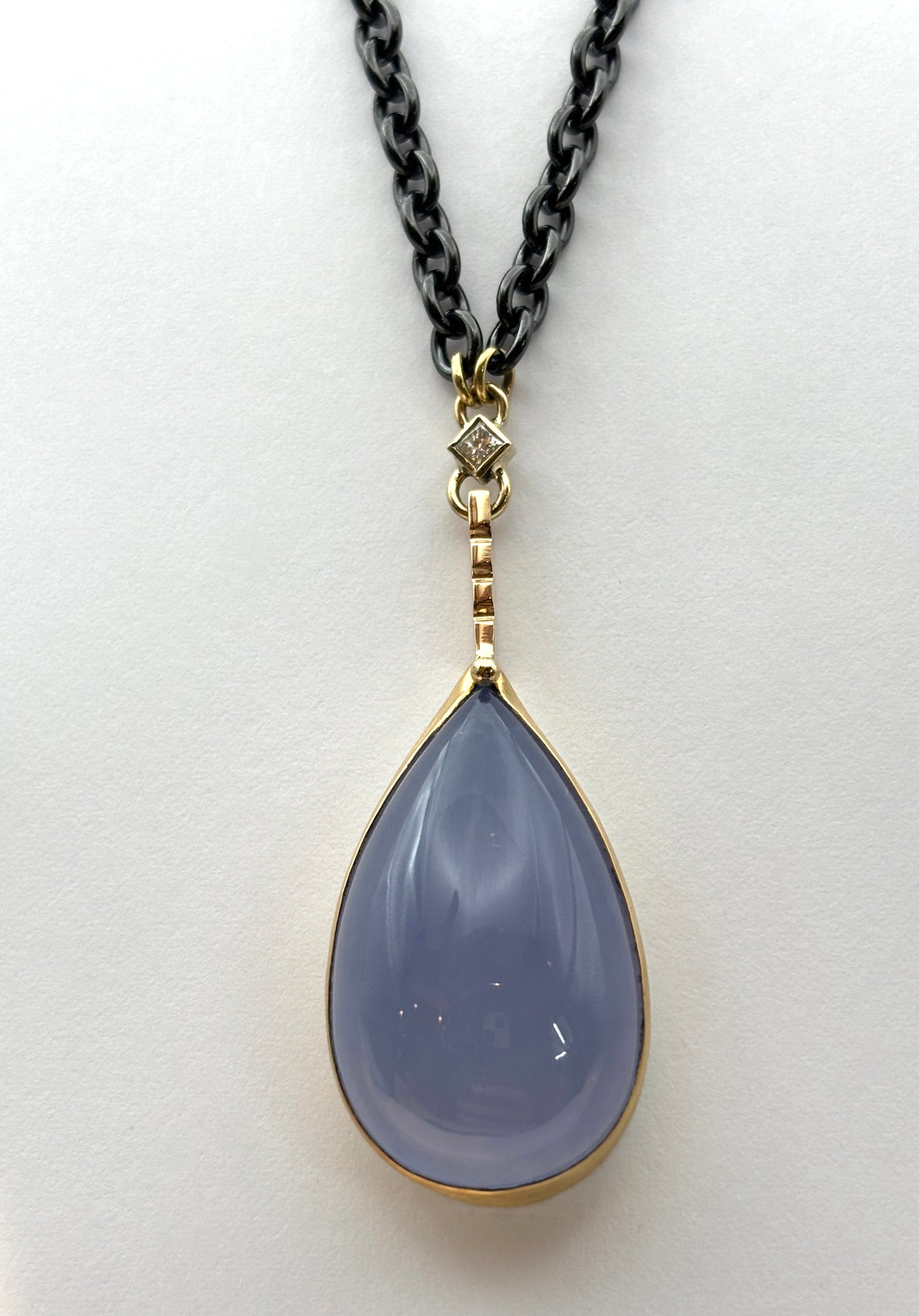 Pendant with 22K Gold Bezel, 18K Gold Accents, Diamond, and Large Blue Chalcedony Oval, Julie Harris