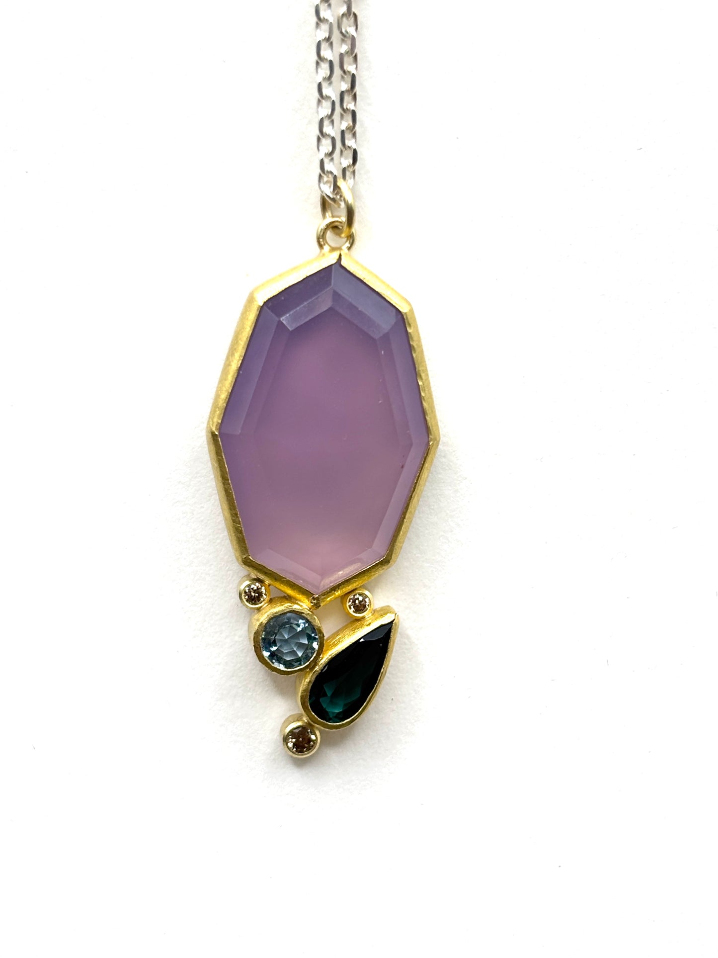22kt and 18kt yellow gold pendant with Purple Chalcedony, Tourmaline, Aqua & diamond cluster