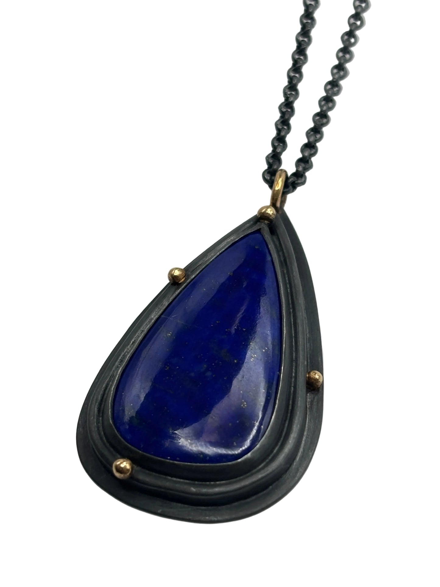 Pendant Necklace iwth lapis lazuli drop with Oxidized Sterling Silver and Fine Silver, 18 Karat Bail and Granules