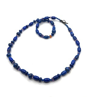 Bead Necklace with Lapis Lazuli, Carneilian, Amethyst Beads and Oxidized Silver Toggle Clasp