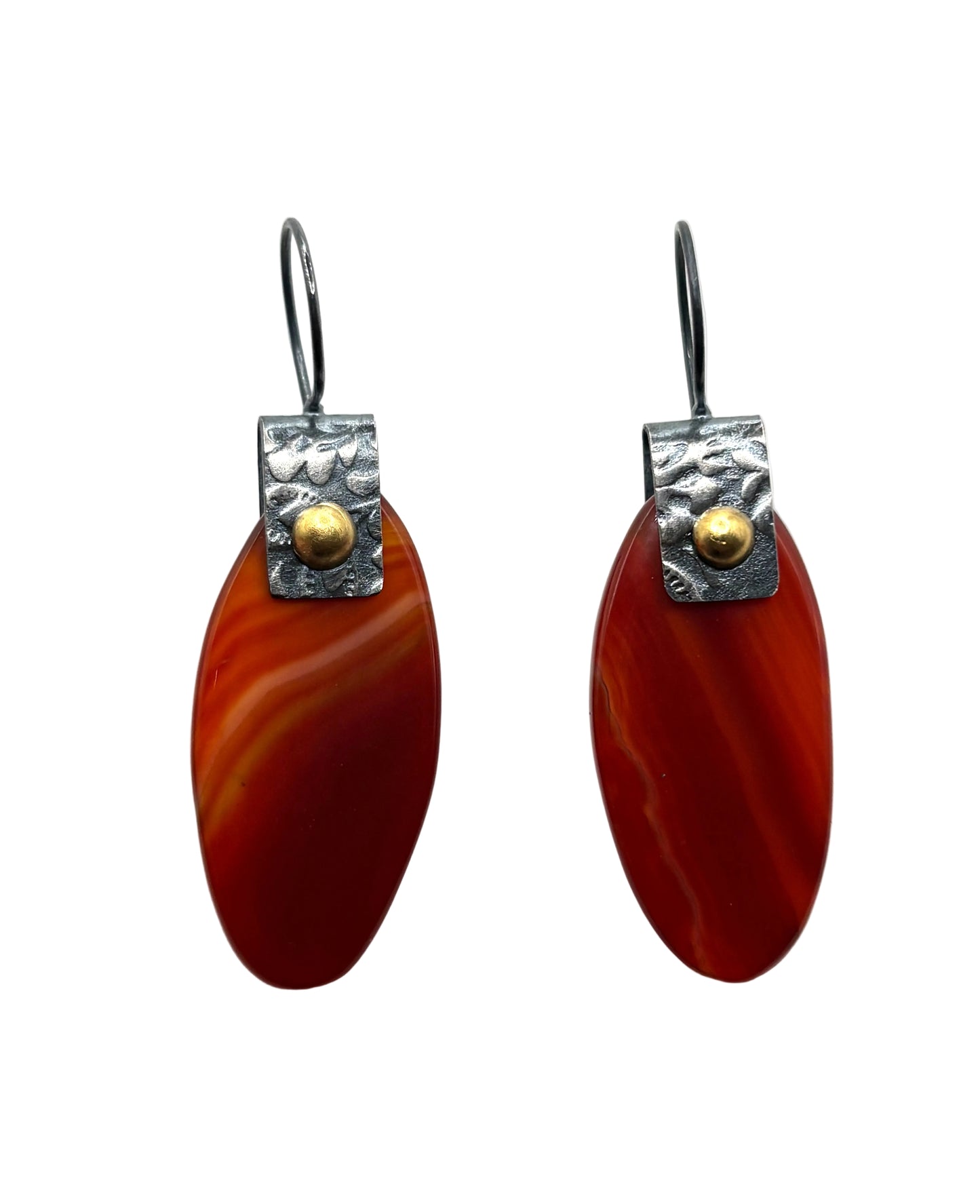 Carnelian Oval Earrings with Oxidized Embossed SIlver and 22 Karat Gold Domed RIvets
