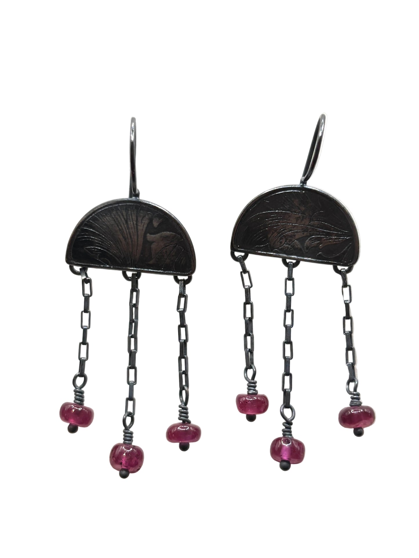 Duomo Earrings, Embossed Oxidized Sterling SIlver Dome Elements with Long Chain Dangles and Wire Wrapped Pink Sapphire Beads