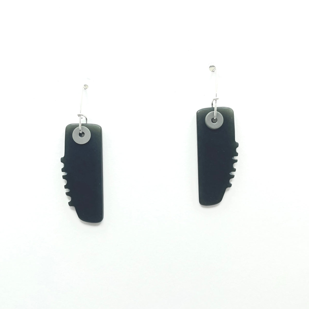 Notched Dark Olive Tribal Earrings in Wyoming Nephrite and Sage Jasper Beads with Sterling Silver Wires PS26-8, Peter Schilling