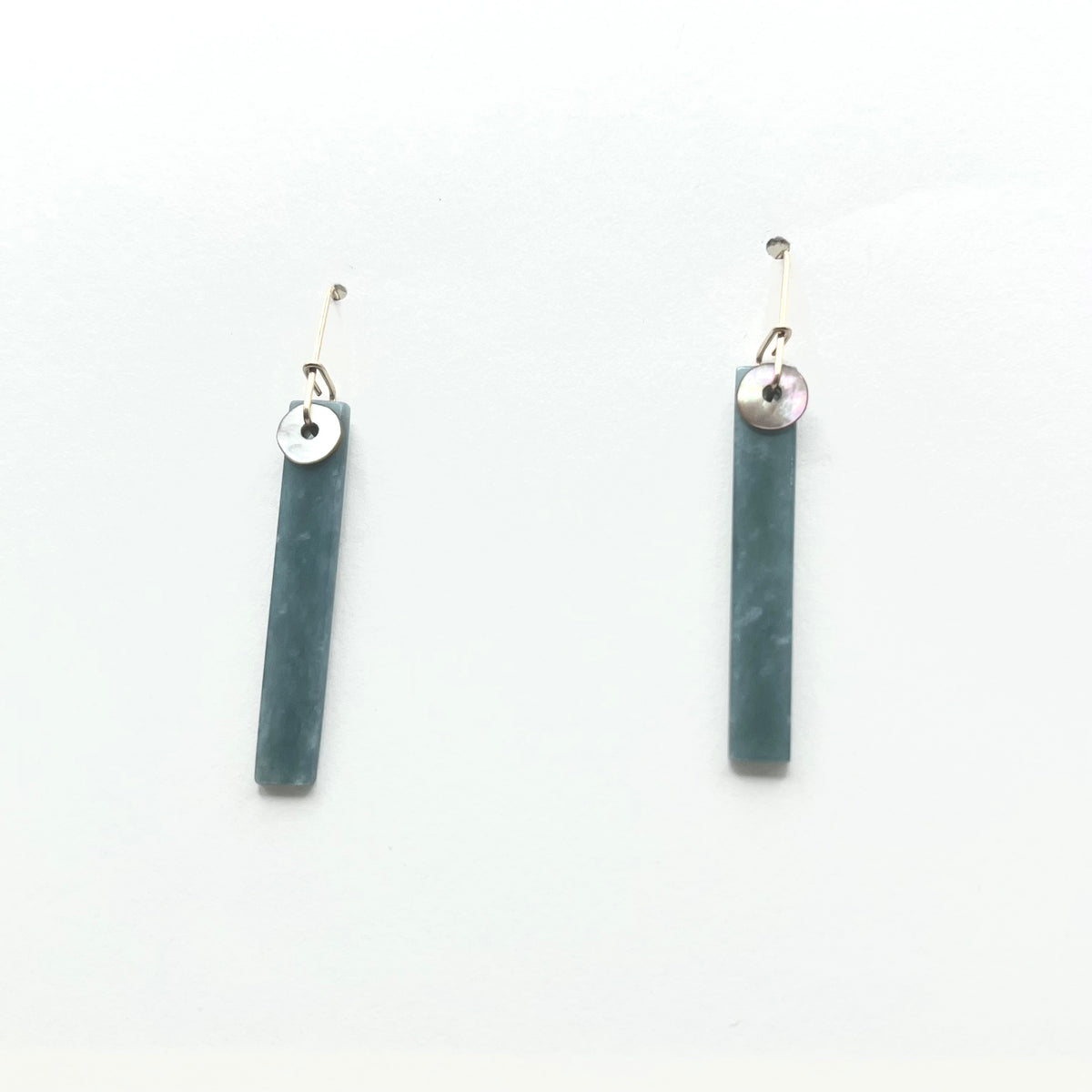Straight Stick Blue/Green Guatemalan Jadelite and Mother of Pearl Bead Earrings with Gold Filled Wires, PS26-7, Peter Schilling
