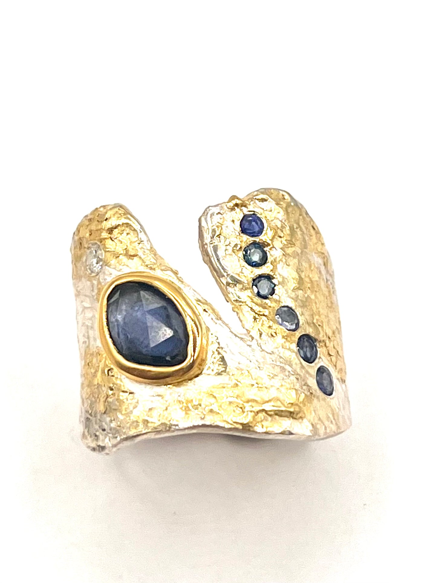 22k gold ring on sterling silver with blue sapphire and diamond