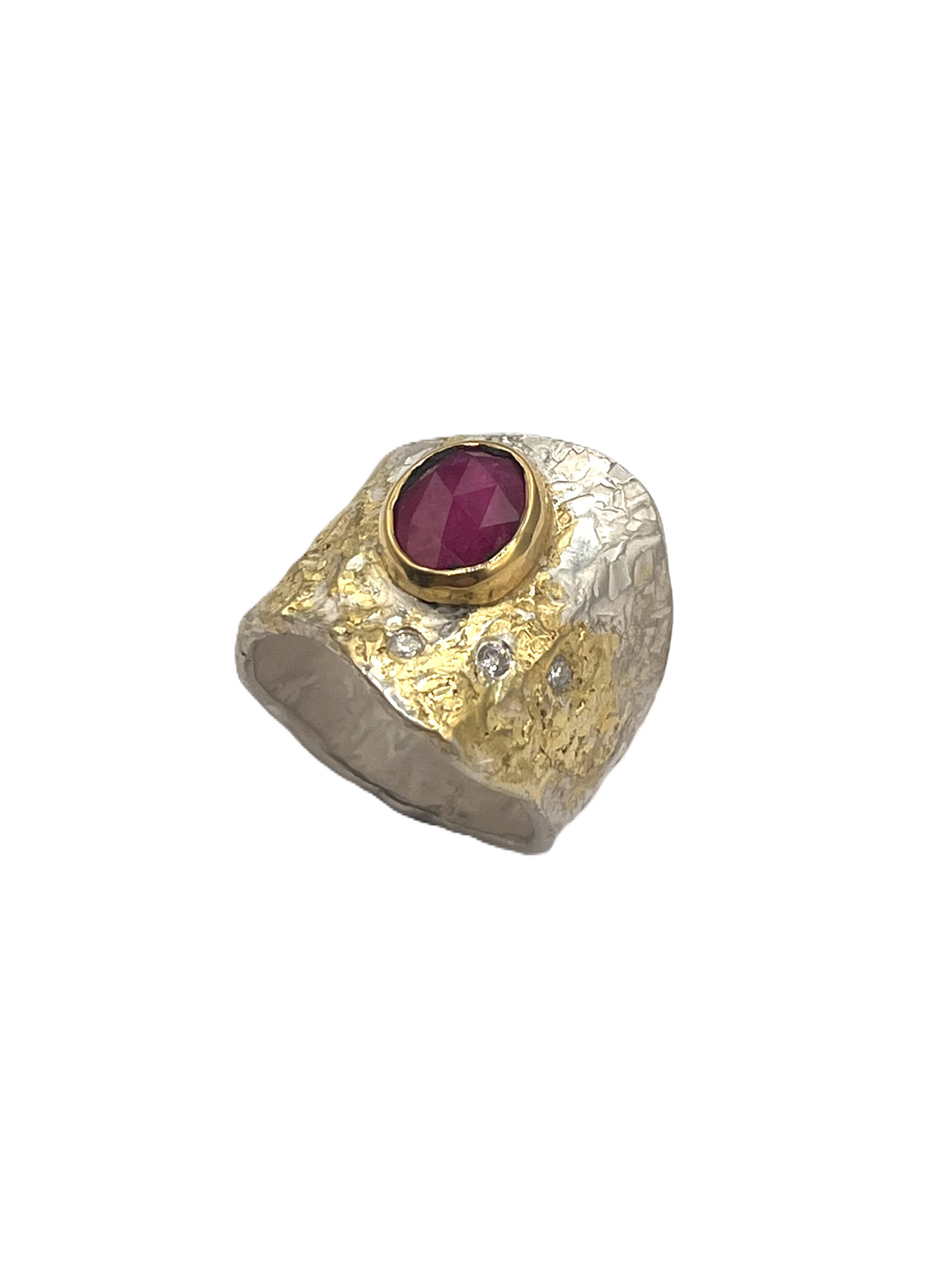 22k gold on sterling silver ring set with rose cut ruby