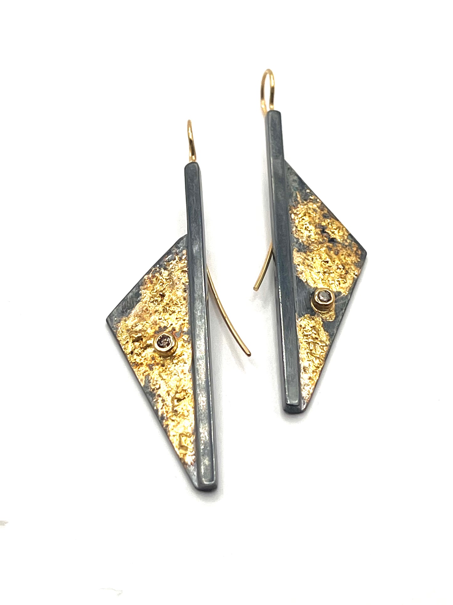 Earrings in 22k Gold/Oxidized Sterling Silver/Diamonds