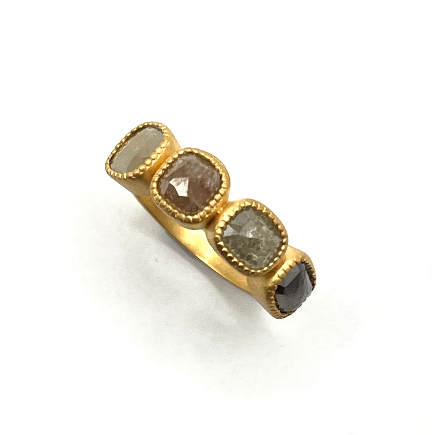 18K Yellow Gold Ring with Four Milgrain Bezel-Set Diamond