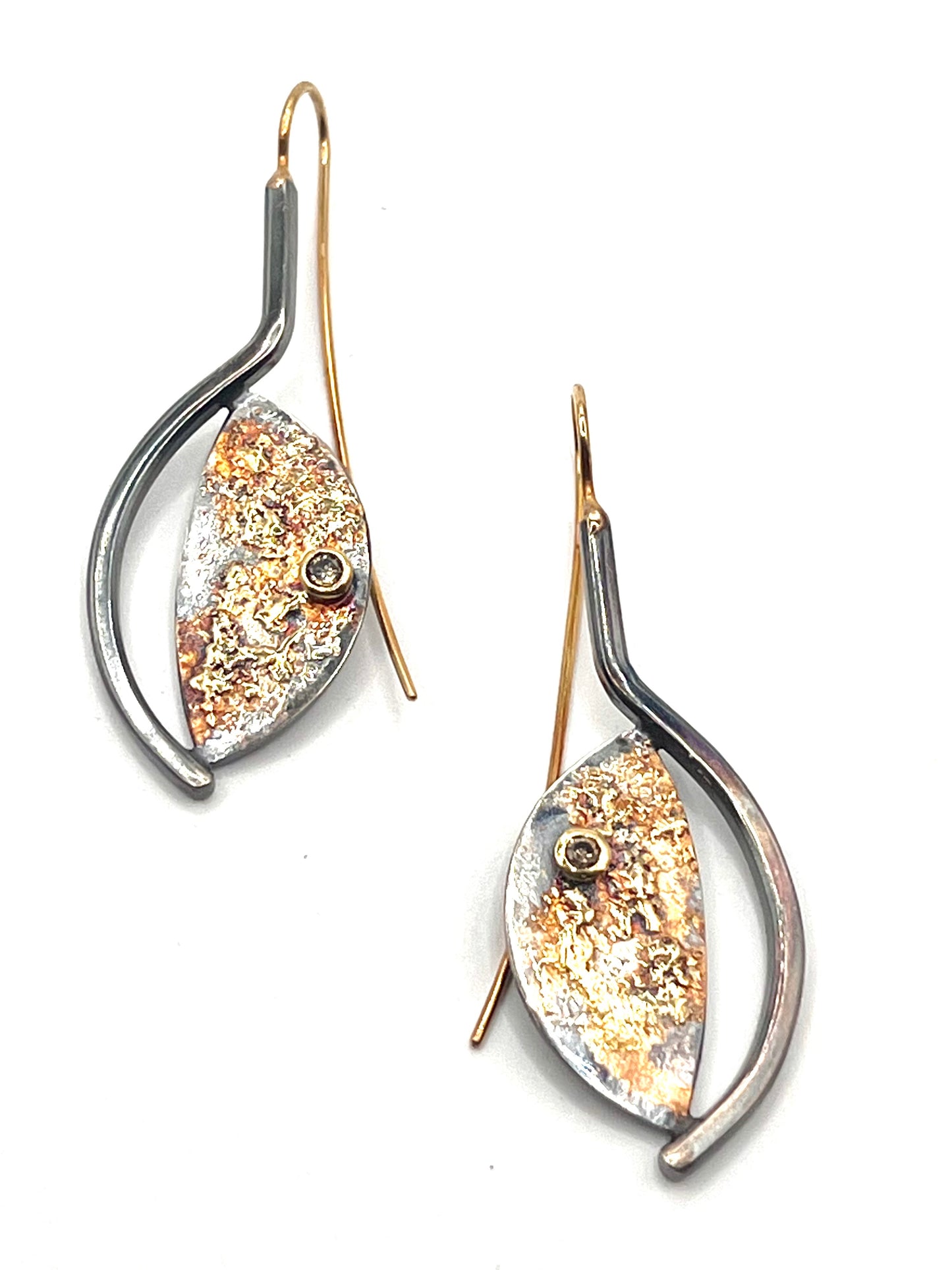 Earrings in 22k Gold/ Oxidized Sterling Silver/Diamonds
