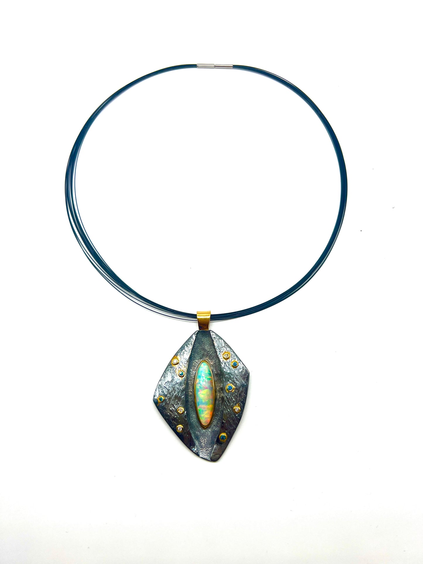 22k gold on oxidized sterling silver pendant with Ethiopian opal and blue and white diamonds