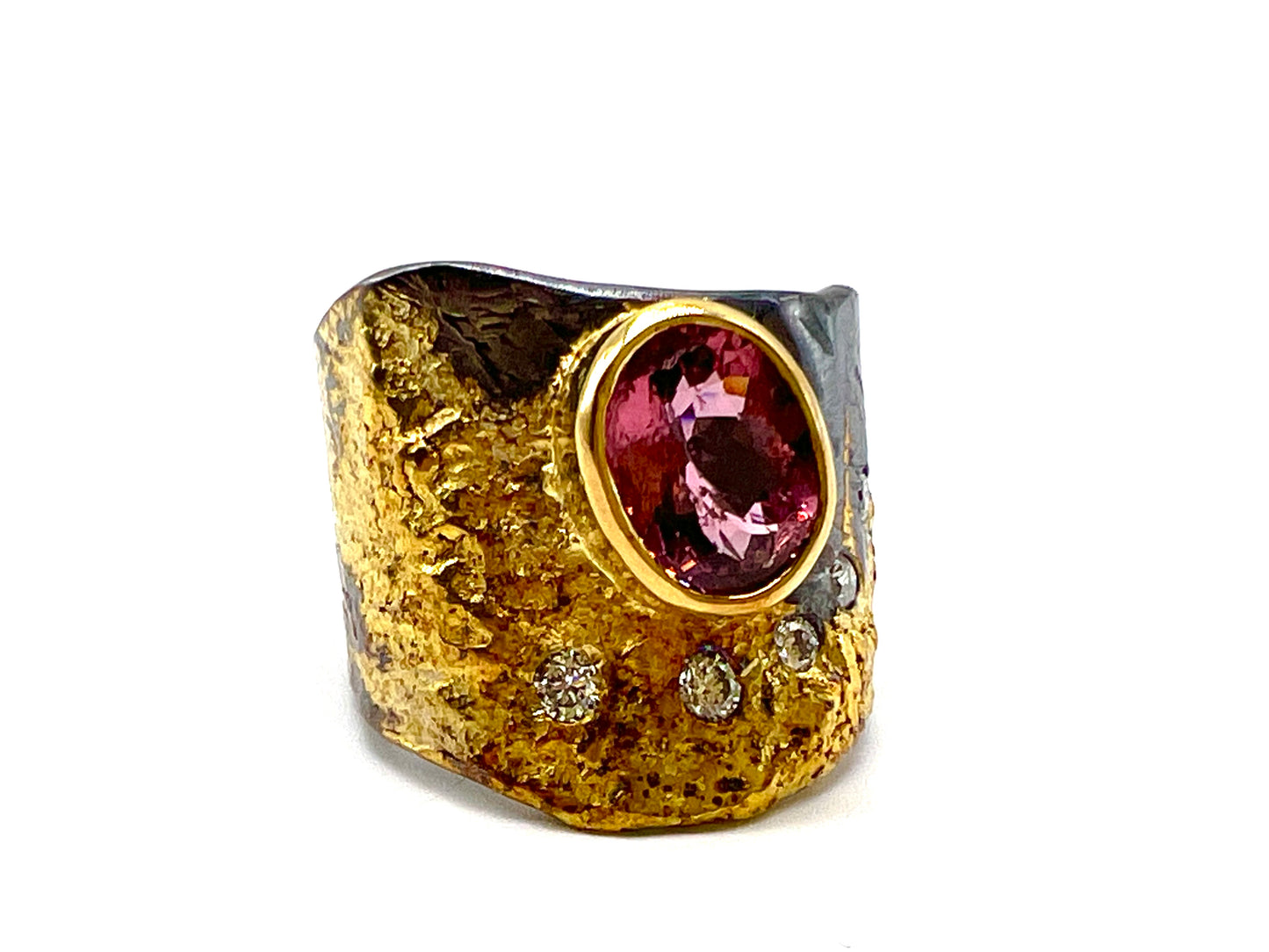 22k gold on sterling silver ring with pink tourmaline and white diamonds