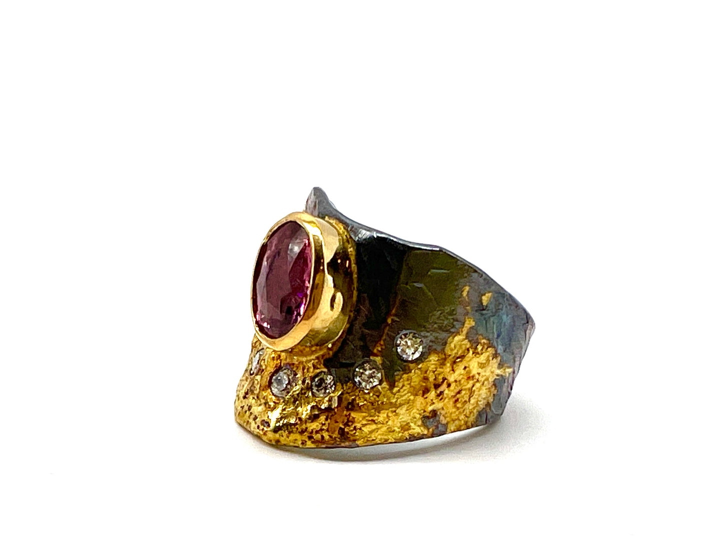 22k gold on sterling silver ring with pink tourmaline and white diamonds