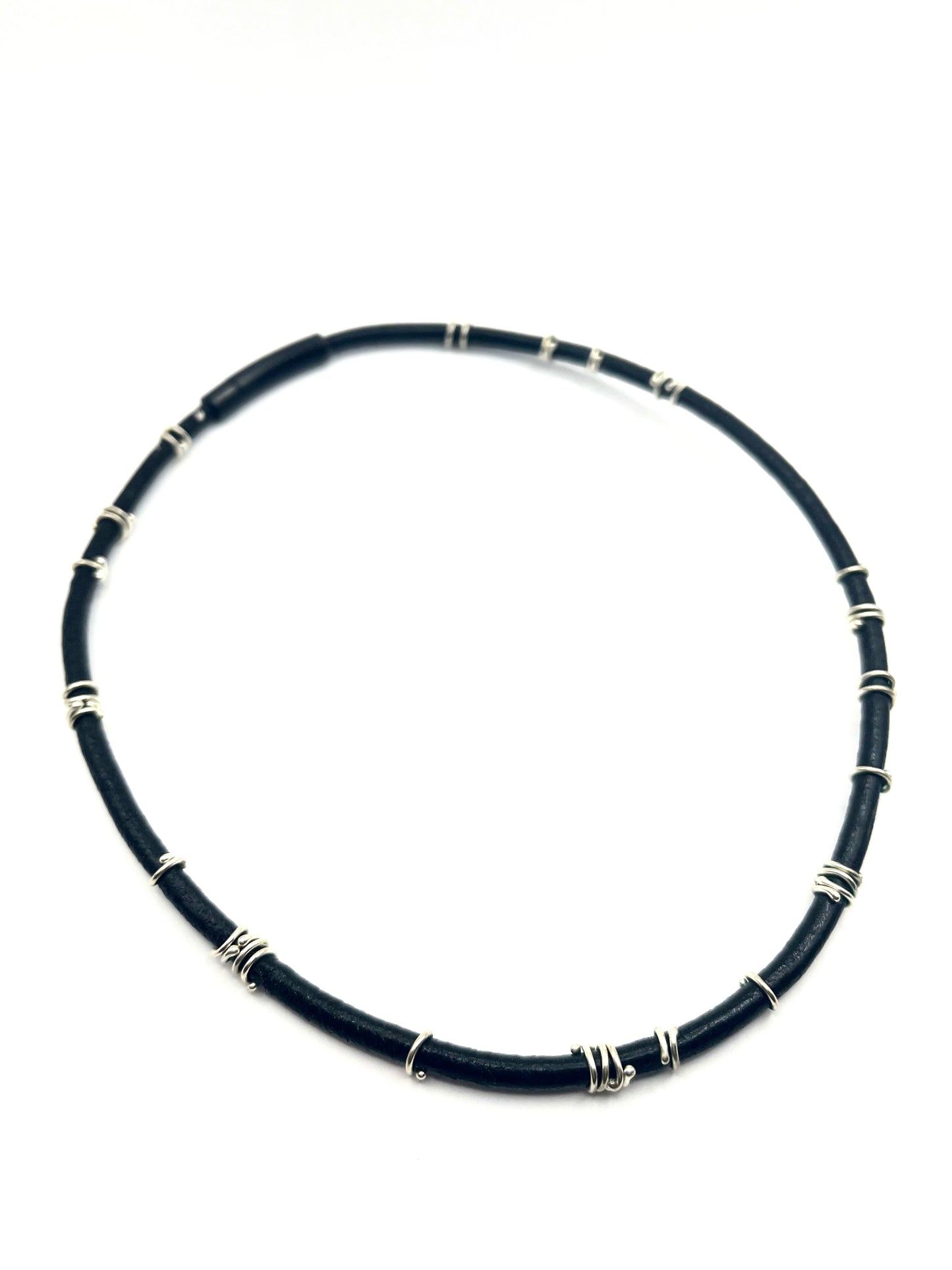 Argentium Silver & Handmade Serpentine Bead Leather Necklace with Blackened Stainless Steel Clasp